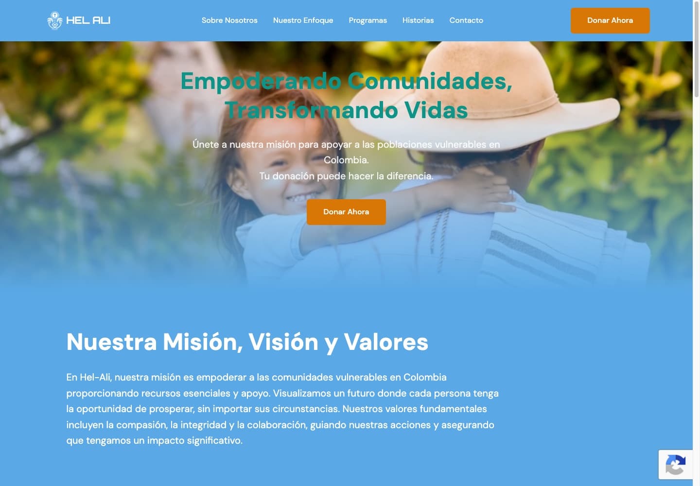 HEL-ALI Foundation home page: a girl hugging a man in a straw hat under the headline "Empoderando comunidades, transformando vidas"